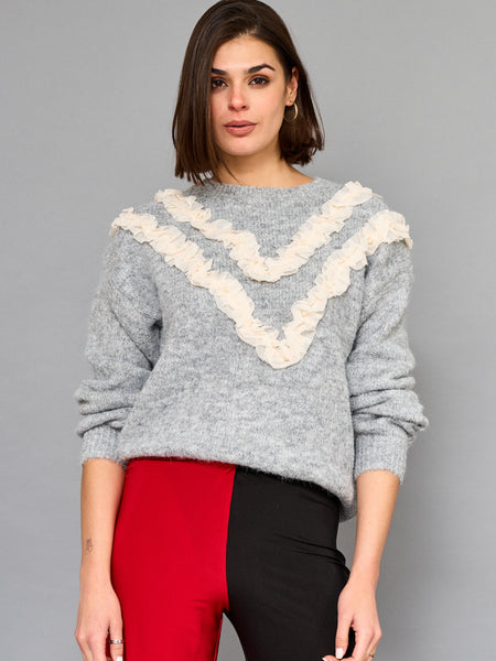 Sweater Vuelos Con Perlas Gris