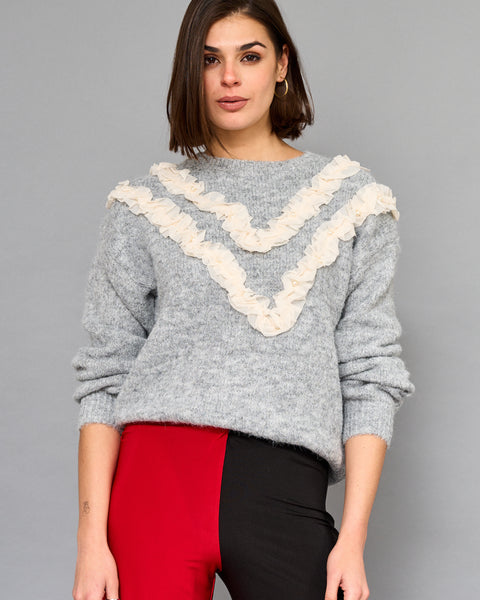 Sweater Vuelos Con Perlas Gris