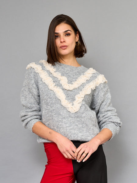 Sweater Vuelos Con Perlas Gris