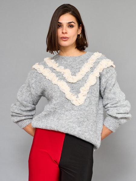 Sweater Vuelos Con Perlas Gris
