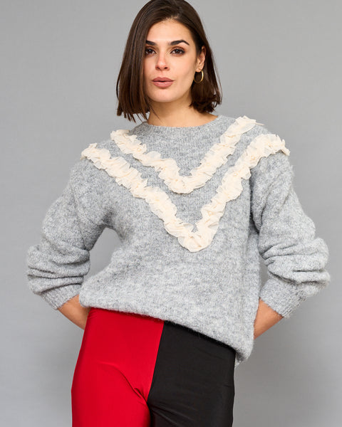 Sweater Vuelos Con Perlas Gris