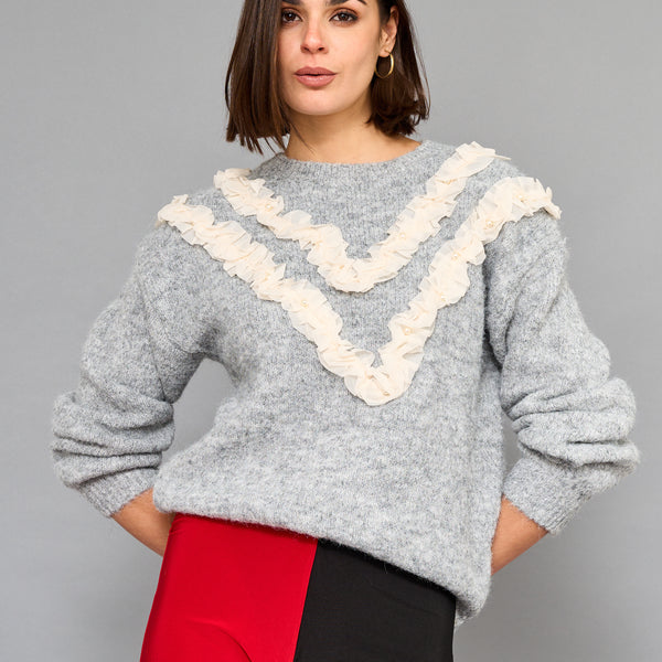 Sweater Vuelos Con Perlas Gris
